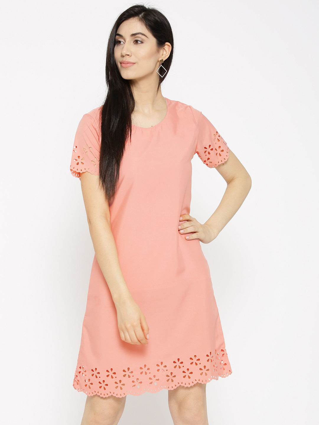 Women Peach-Coloured Solid A-Line Dress