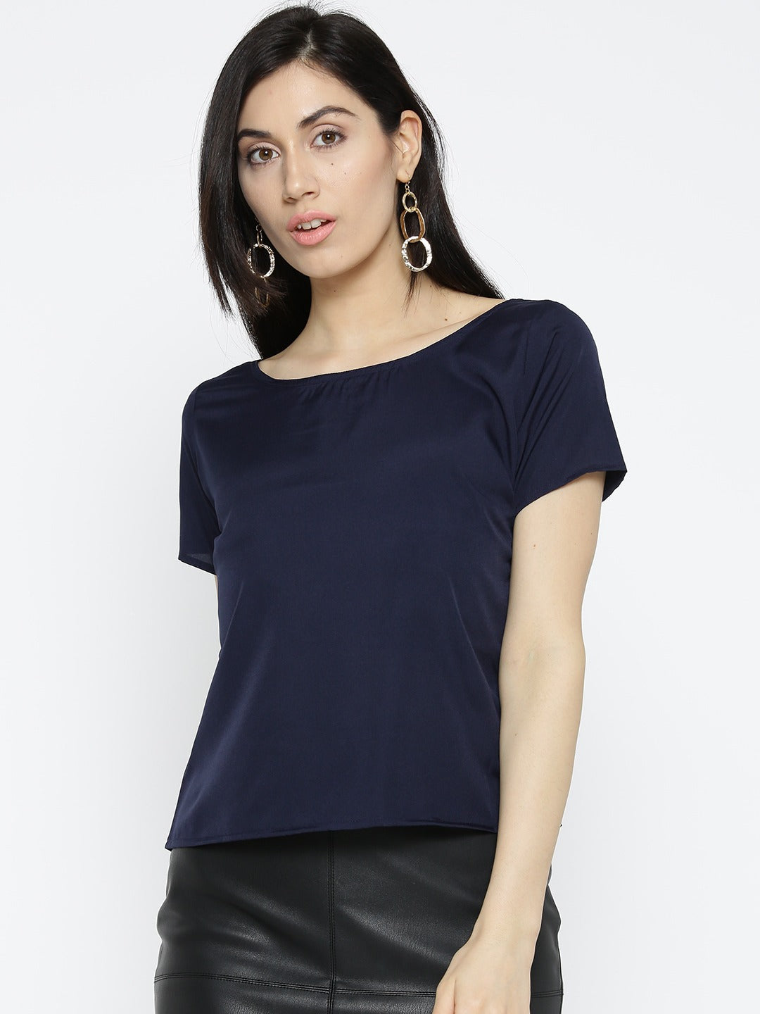 Women Navy Blue Solid Styled Back Top