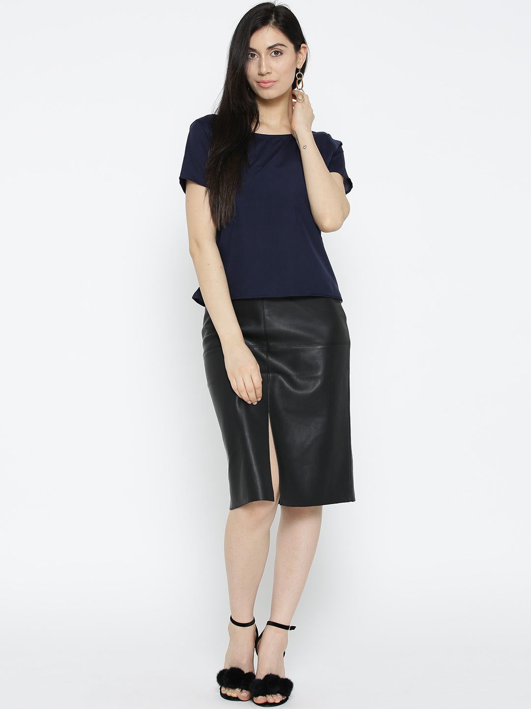 Women Navy Blue Solid Styled Back Top