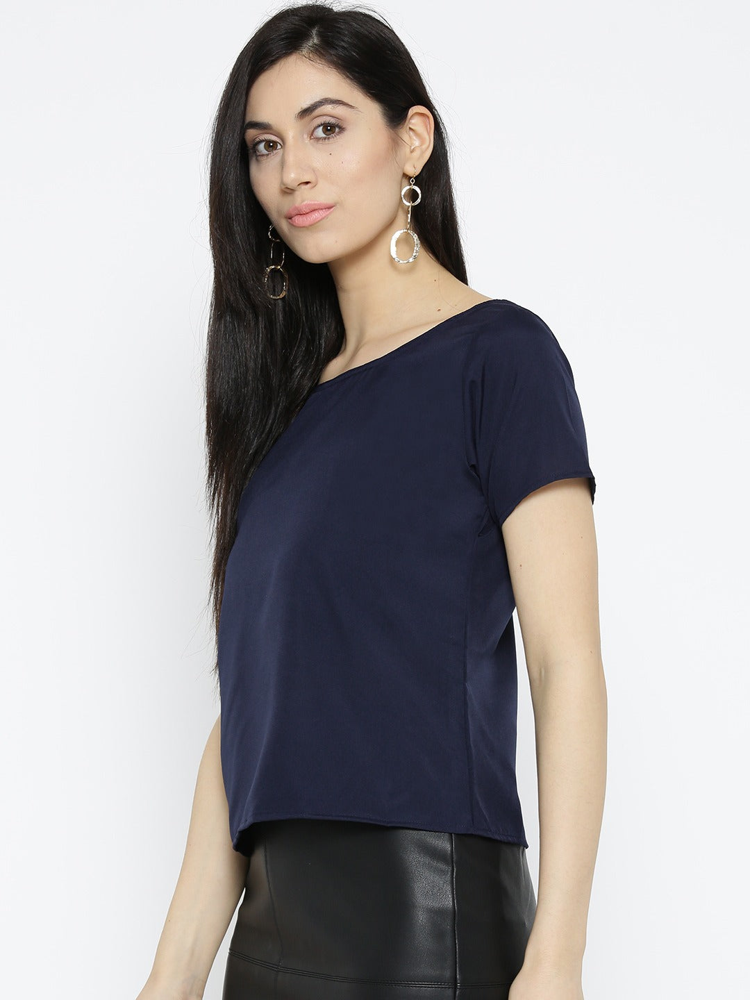 Women Navy Blue Solid Styled Back Top
