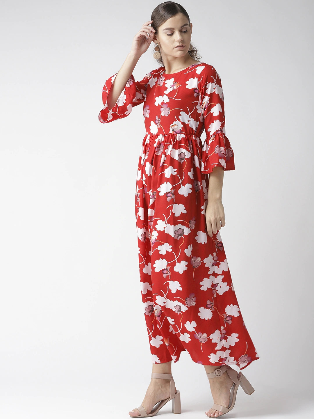 Women Red & White Floral Print Maxi Dress