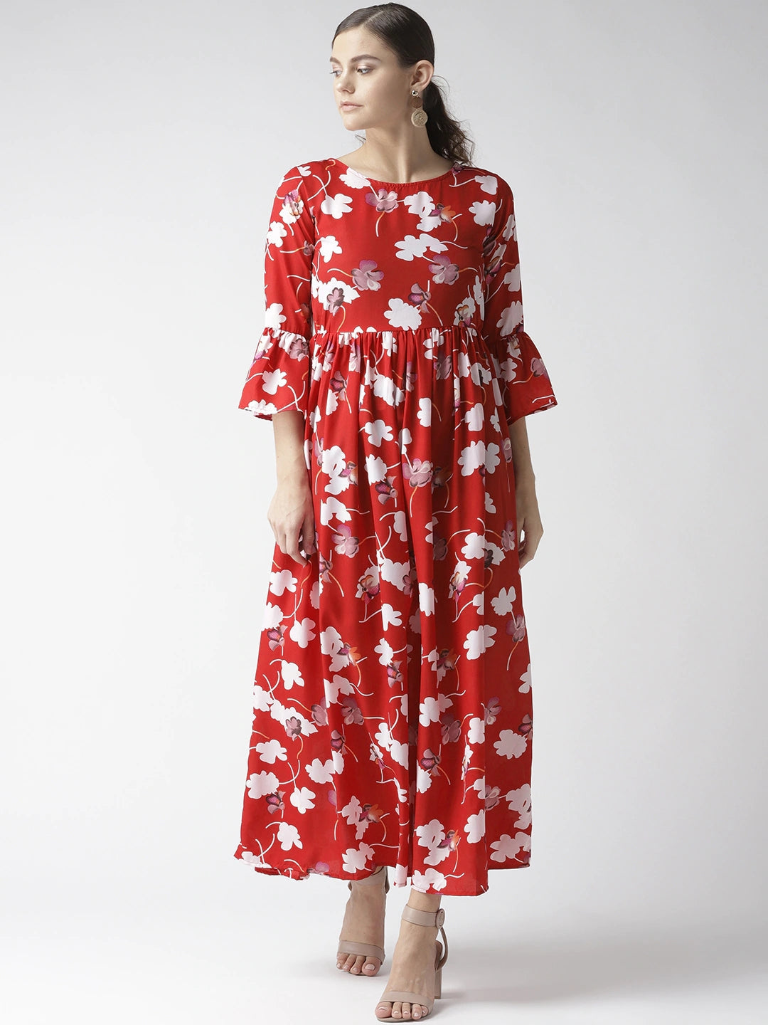 Women Red & White Floral Print Maxi Dress