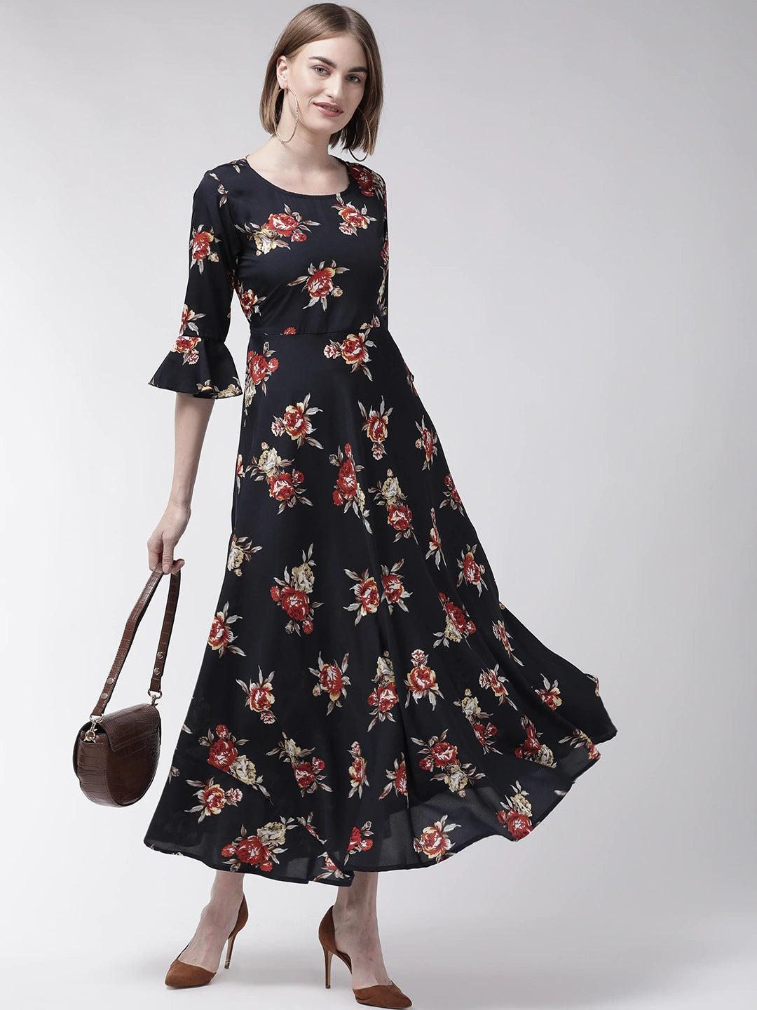Women Navy Blue & Rust Red Floral Print Maxi Dress