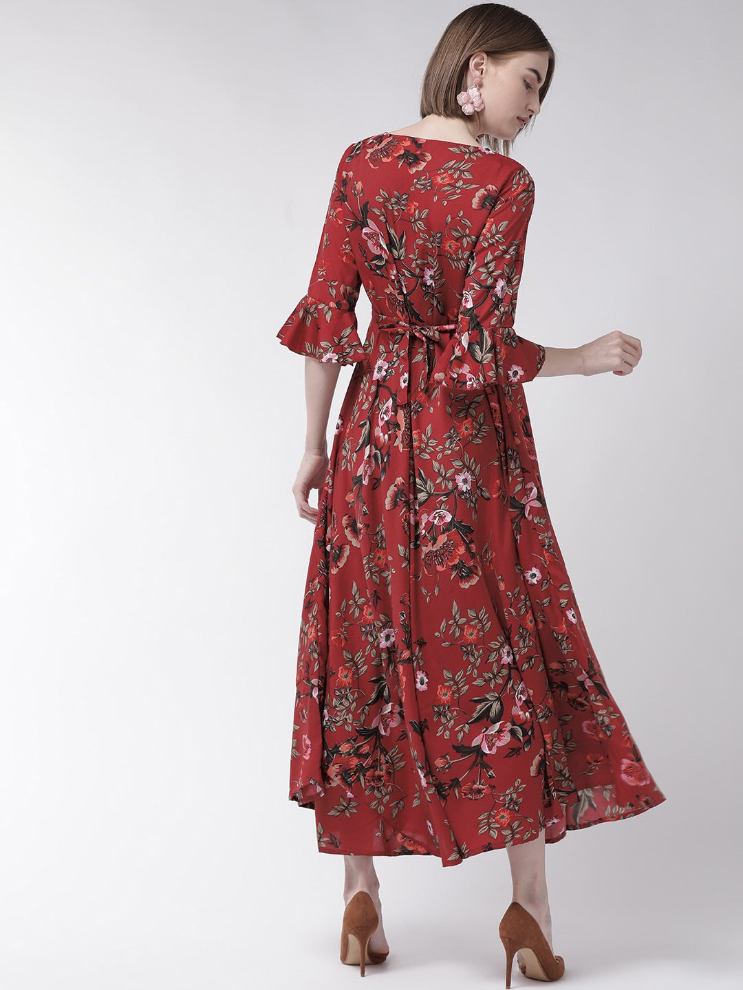 Women Maroon & Taupe Floral Print Maxi Dress