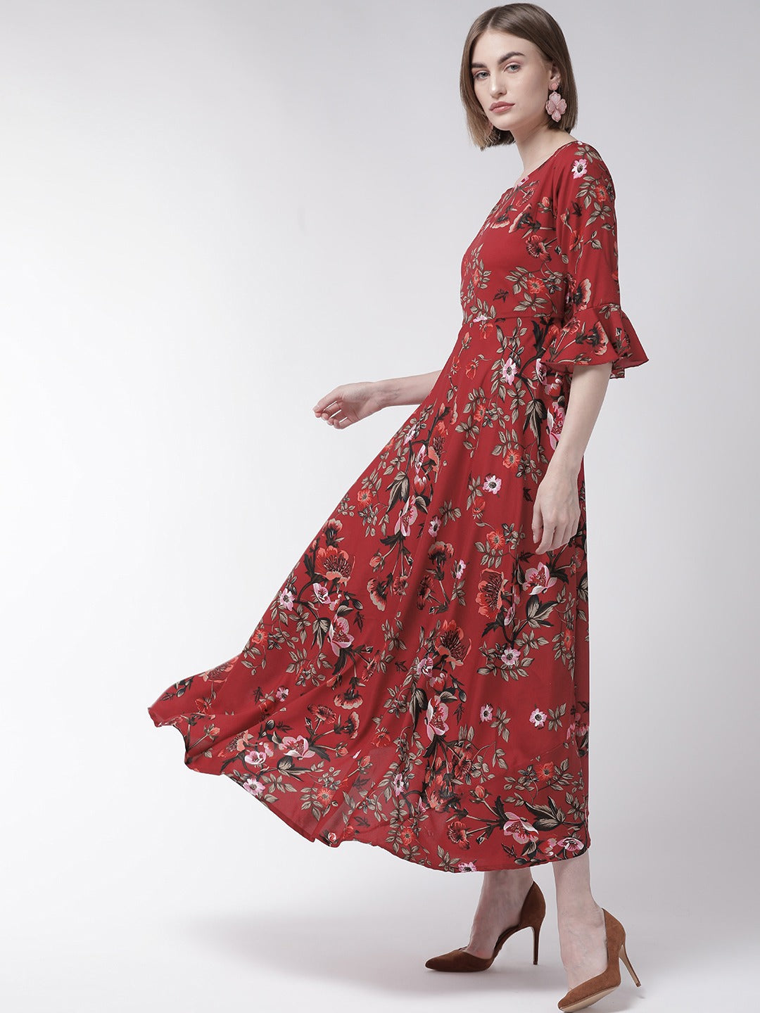 Women Maroon & Taupe Floral Print Maxi Dress