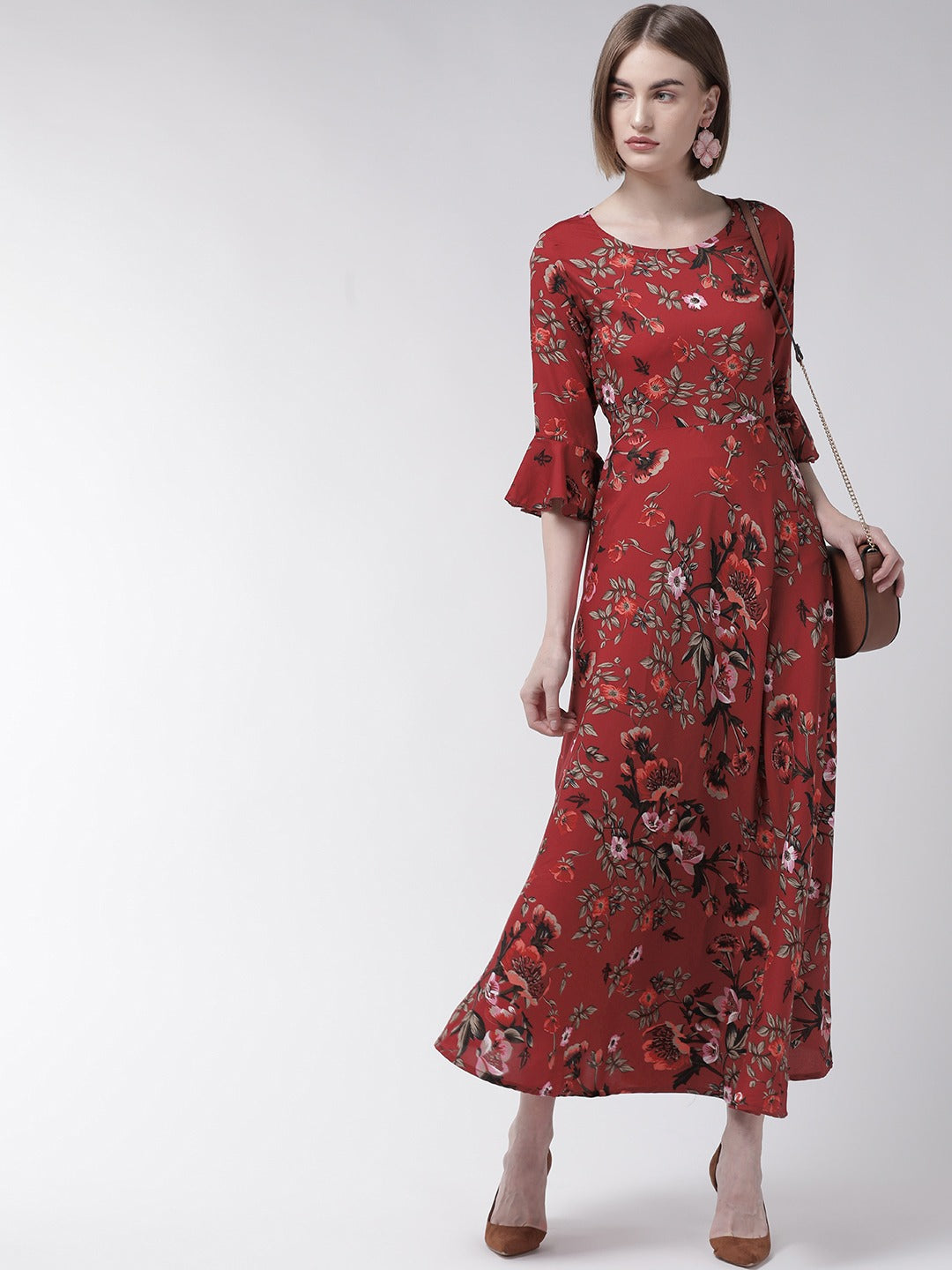 Women Maroon & Taupe Floral Print Maxi Dress