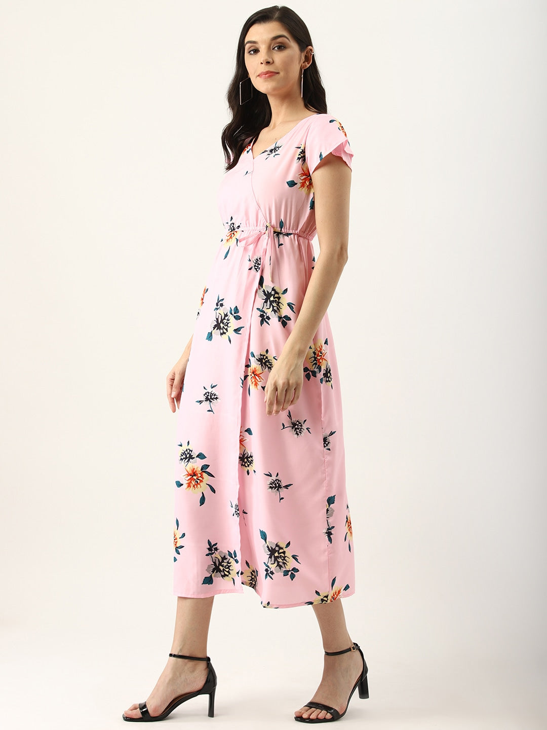 Women Pink & Green Floral Print Wrap Dress