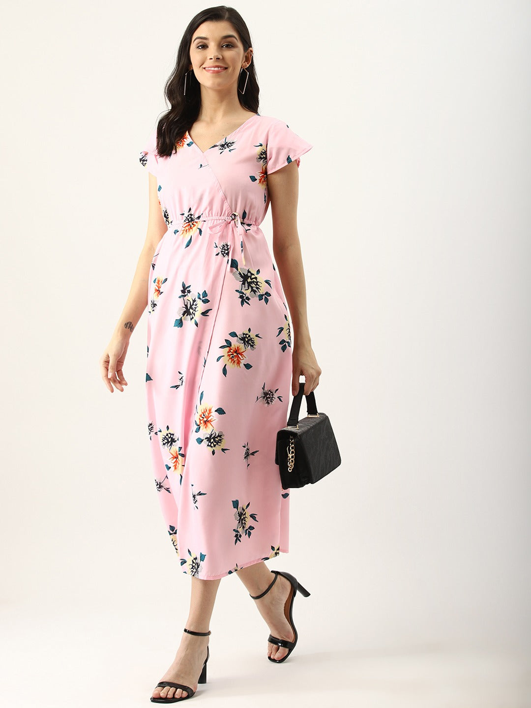 Women Pink & Green Floral Print Wrap Dress
