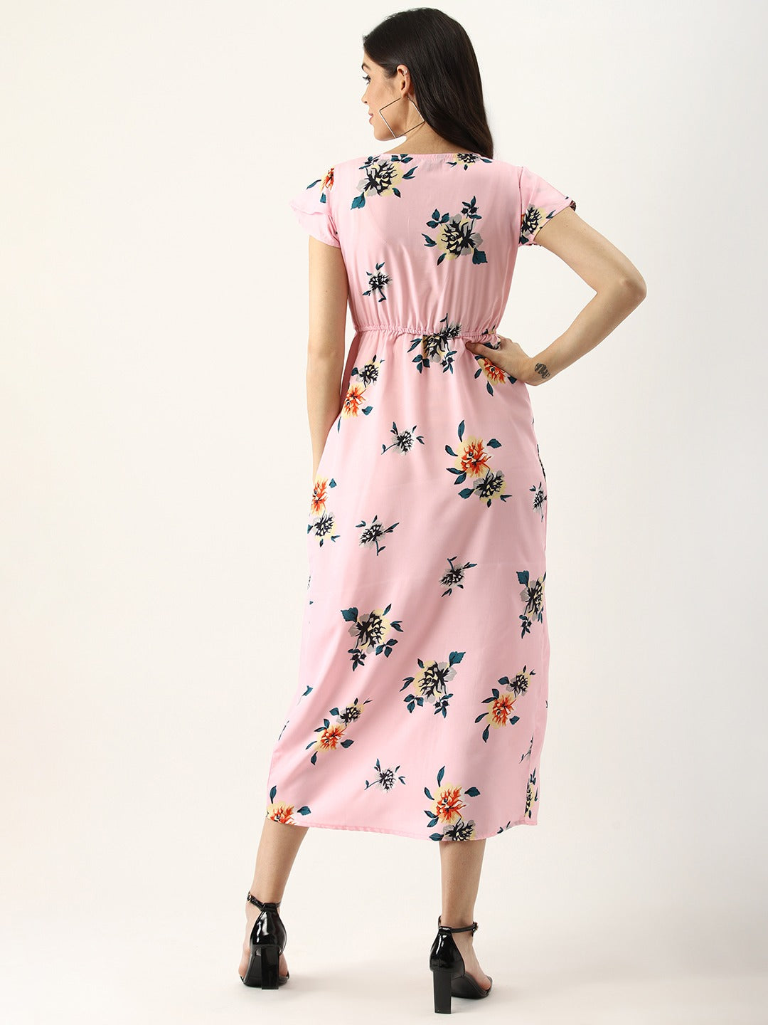 Women Pink & Green Floral Print Wrap Dress