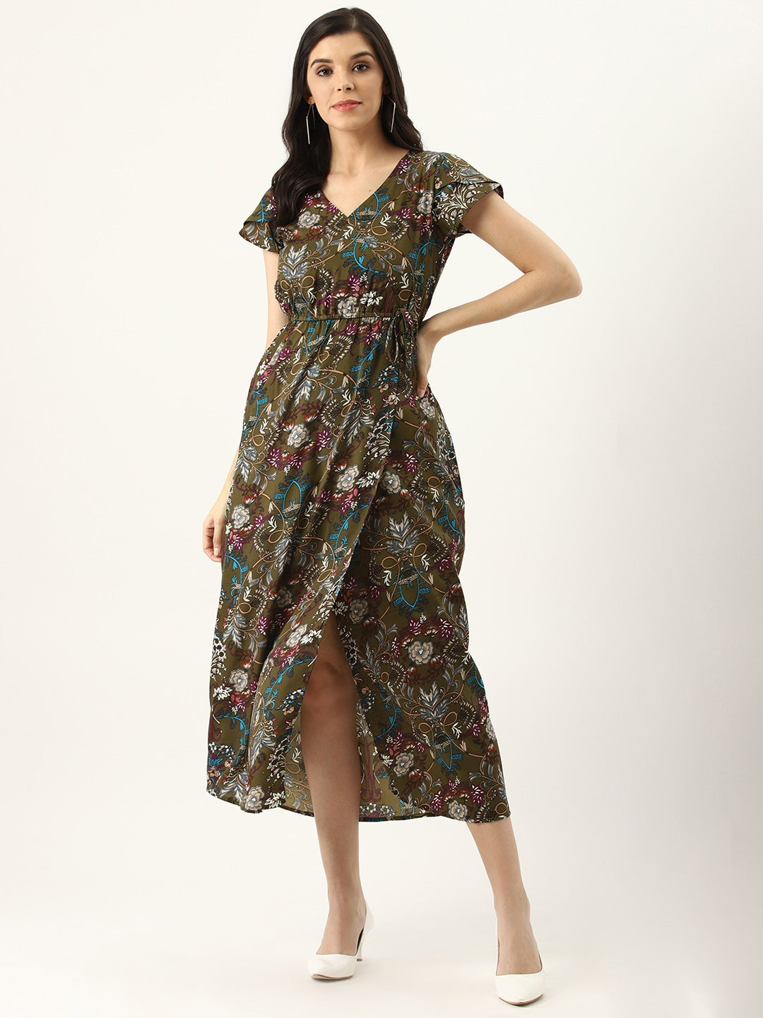 Women Olive Green & Beige Printed Wrap Dress