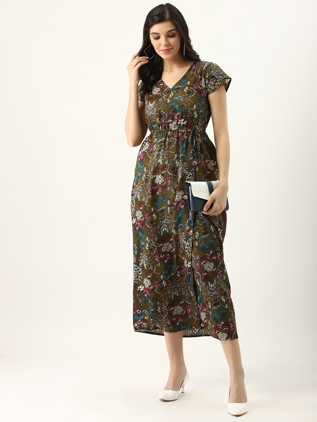 Women Olive Green & Beige Printed Wrap Dress