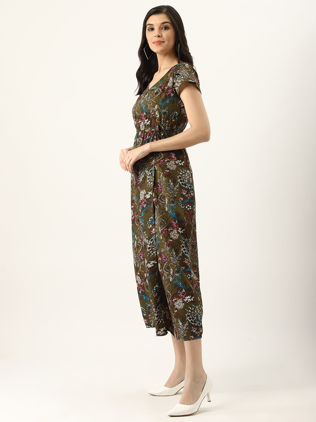 Women Olive Green & Beige Printed Wrap Dress
