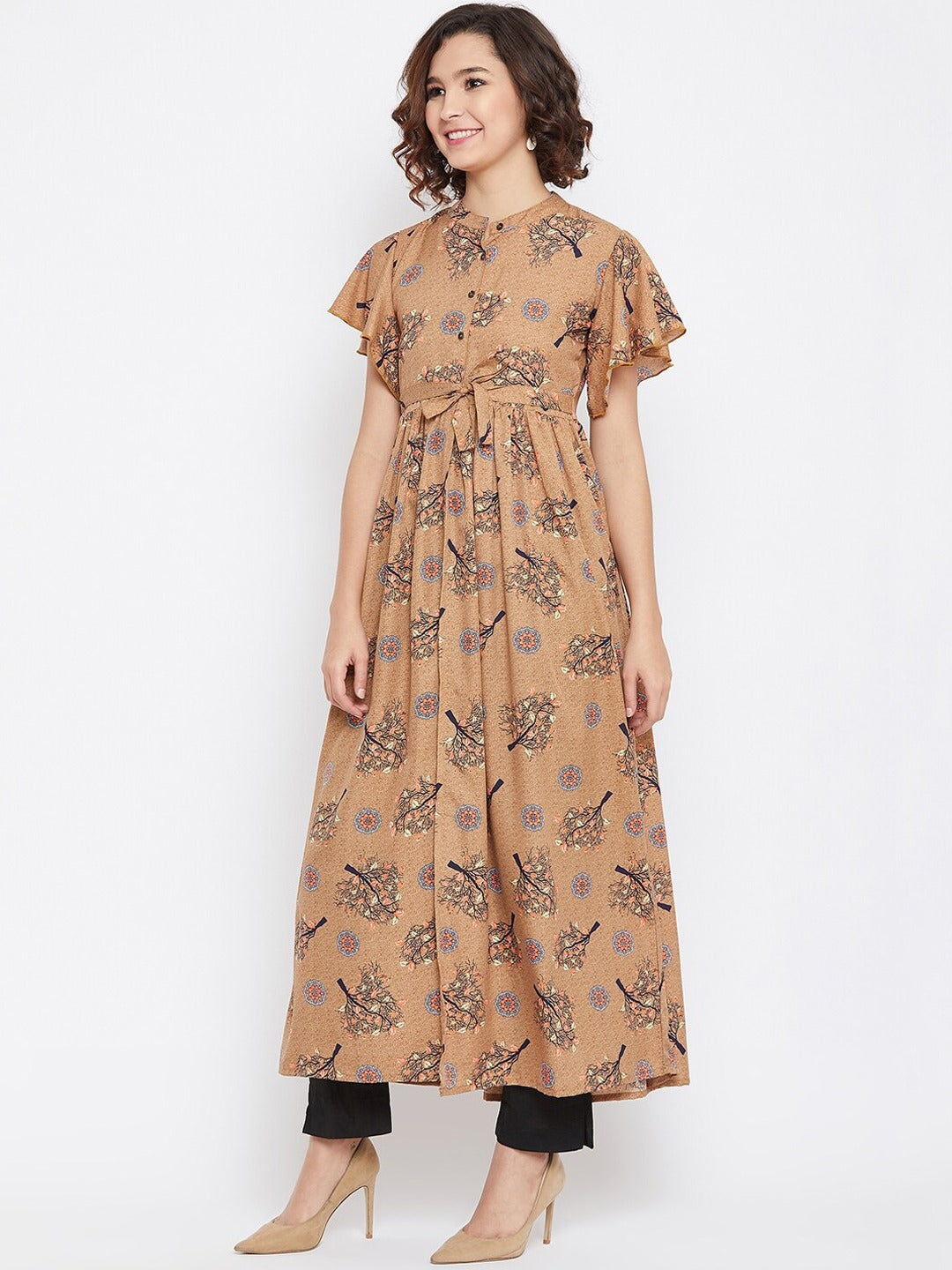 Women Brown & Blue Floral Printed A-Line Dress