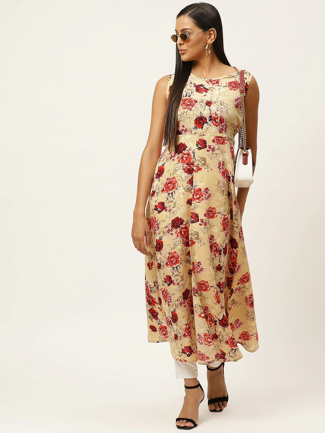 Women Beige & Maroon Floral Printed A-Line Dress