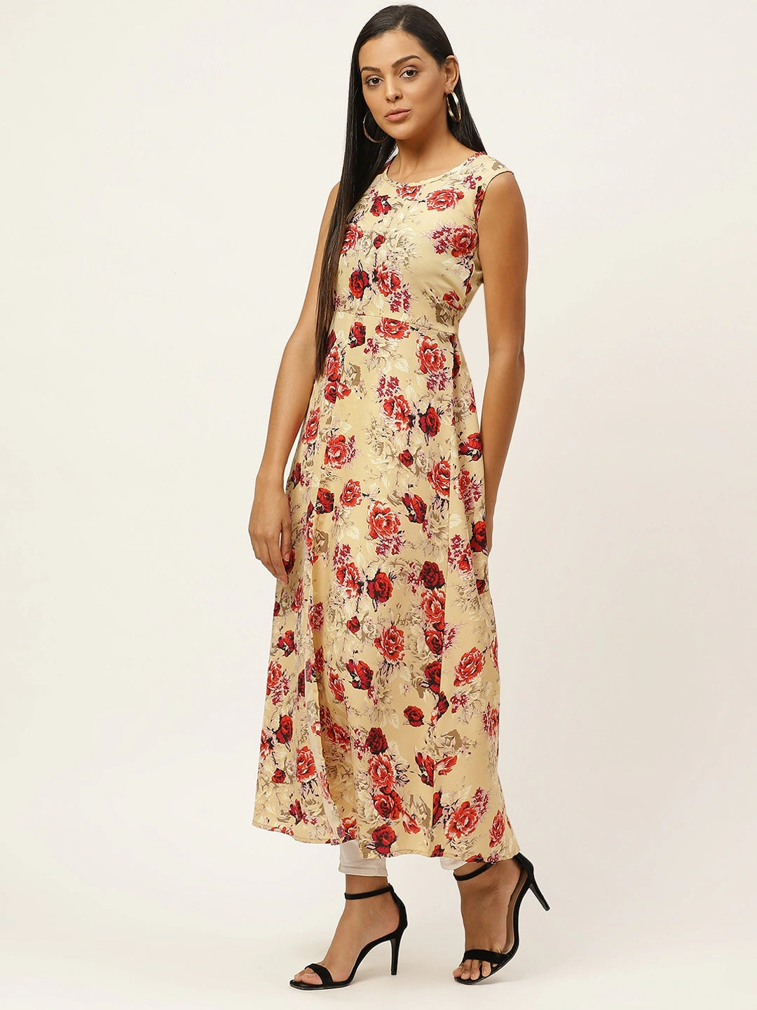 Women Beige & Maroon Floral Printed A-Line Dress