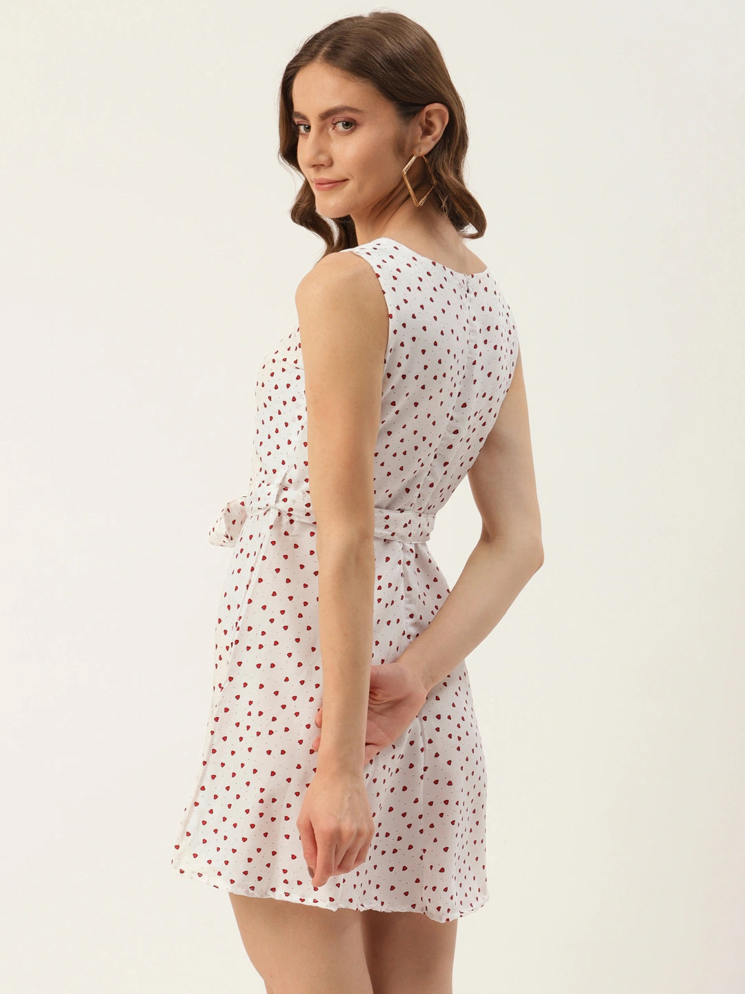 Women White & Red Heart Print Crepe A-Line Dress