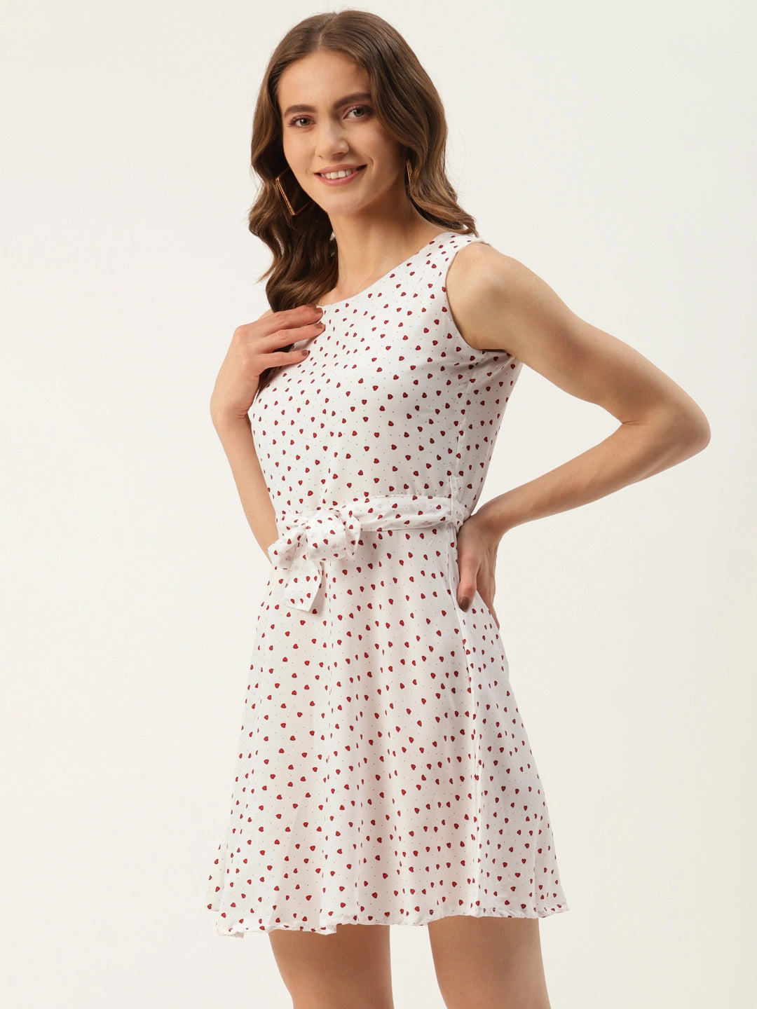 Women White & Red Heart Print Crepe A-Line Dress