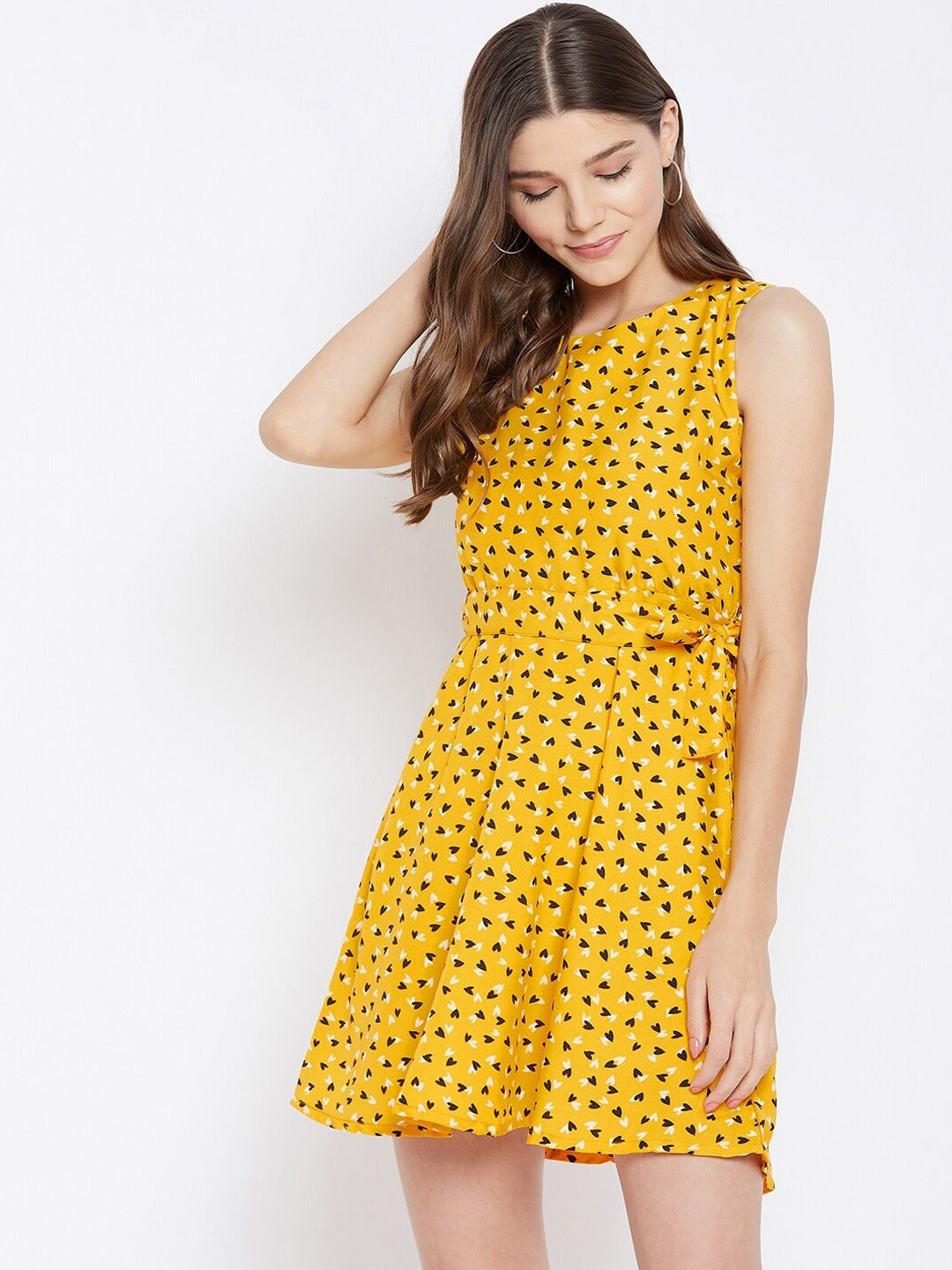 Women Yellow Conversational Printed Crepe Mini Dress