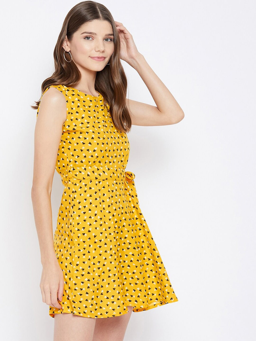 Women Yellow Conversational Printed Crepe Mini Dress