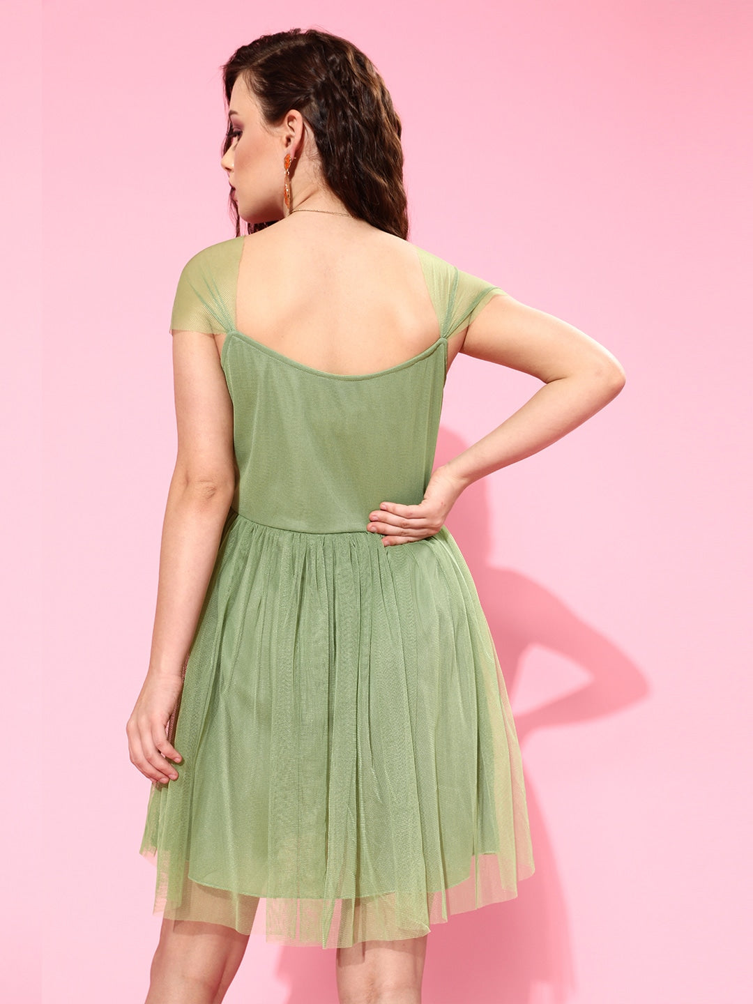 Women Green Solid Net Fit and Flare Dress