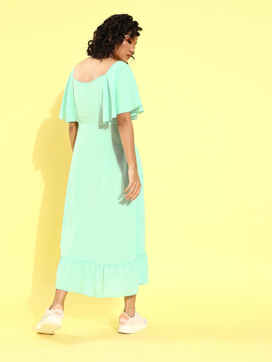 Women Turquoise Blue Crepe A-Line Midi Dress