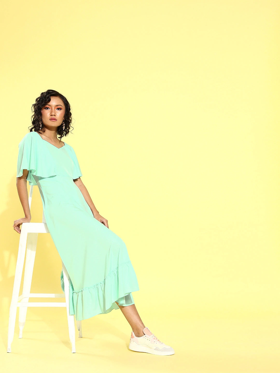 Women Turquoise Blue Crepe A-Line Midi Dress
