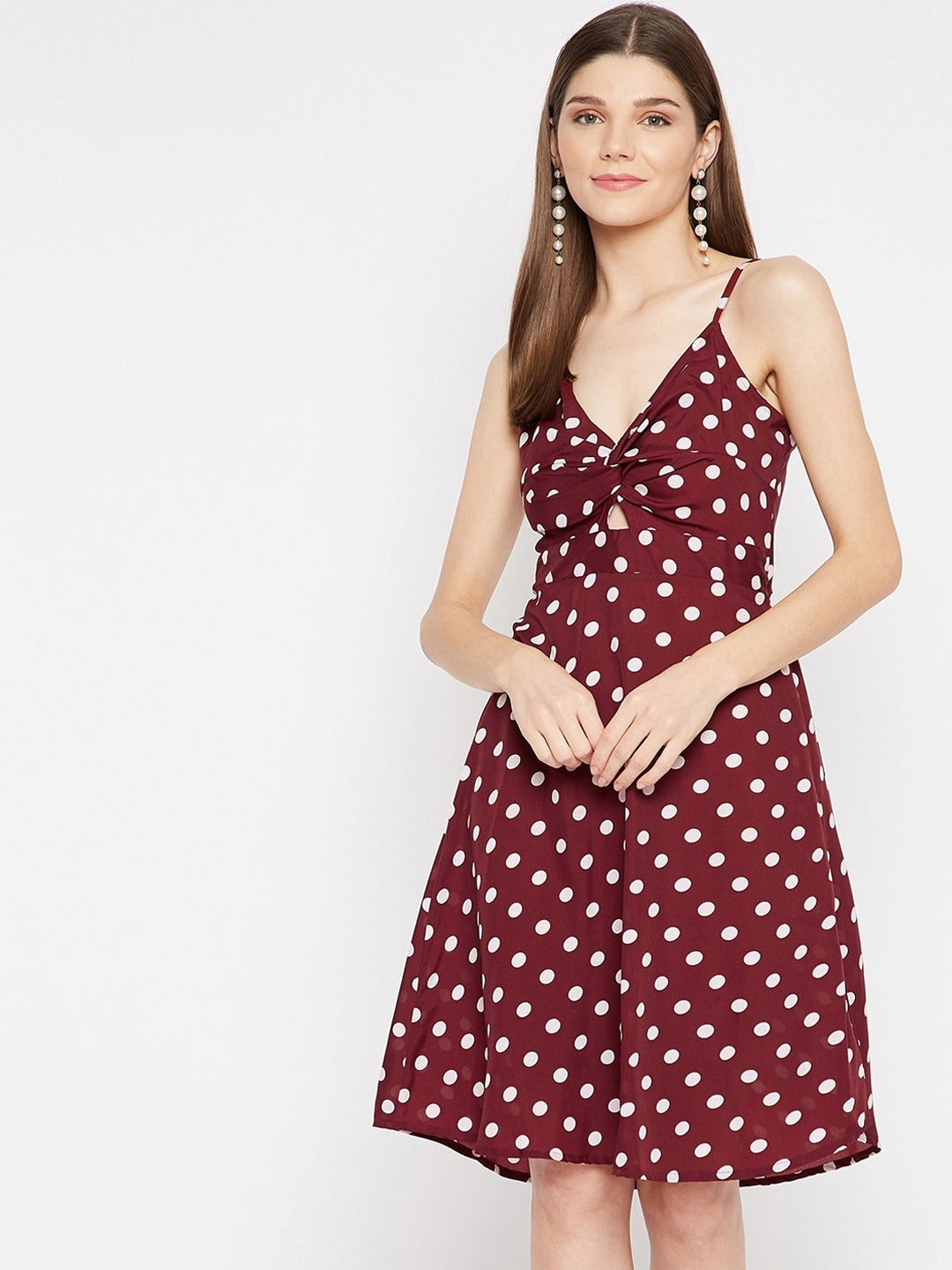 Women Maroon & White Polka Dot Printed Crepe Dress