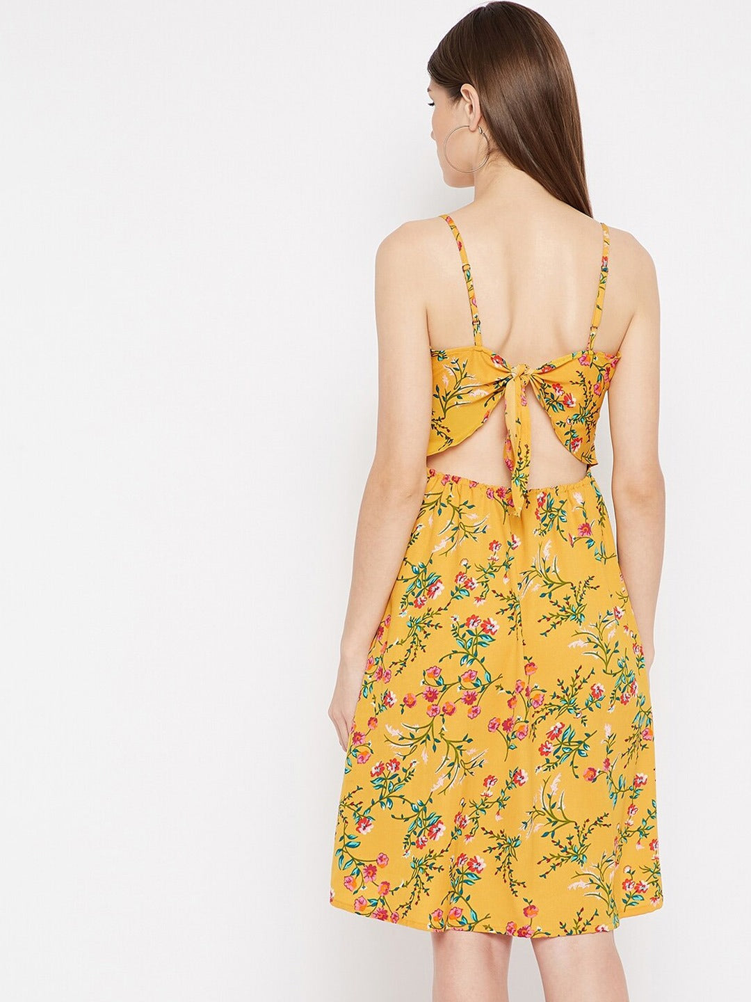 Women Yellow & Green Floral Crepe A-Line Dress