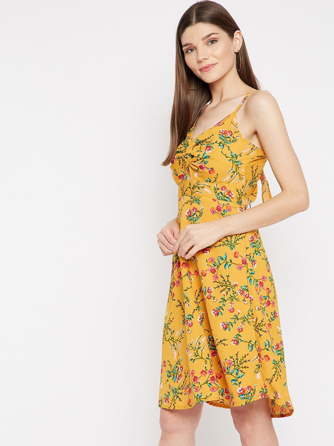 Women Yellow & Green Floral Crepe A-Line Dress