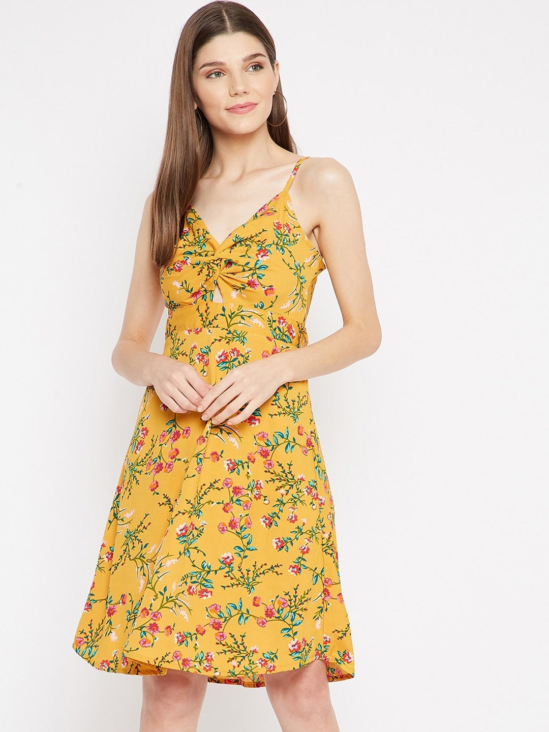 Women Yellow & Green Floral Crepe A-Line Dress
