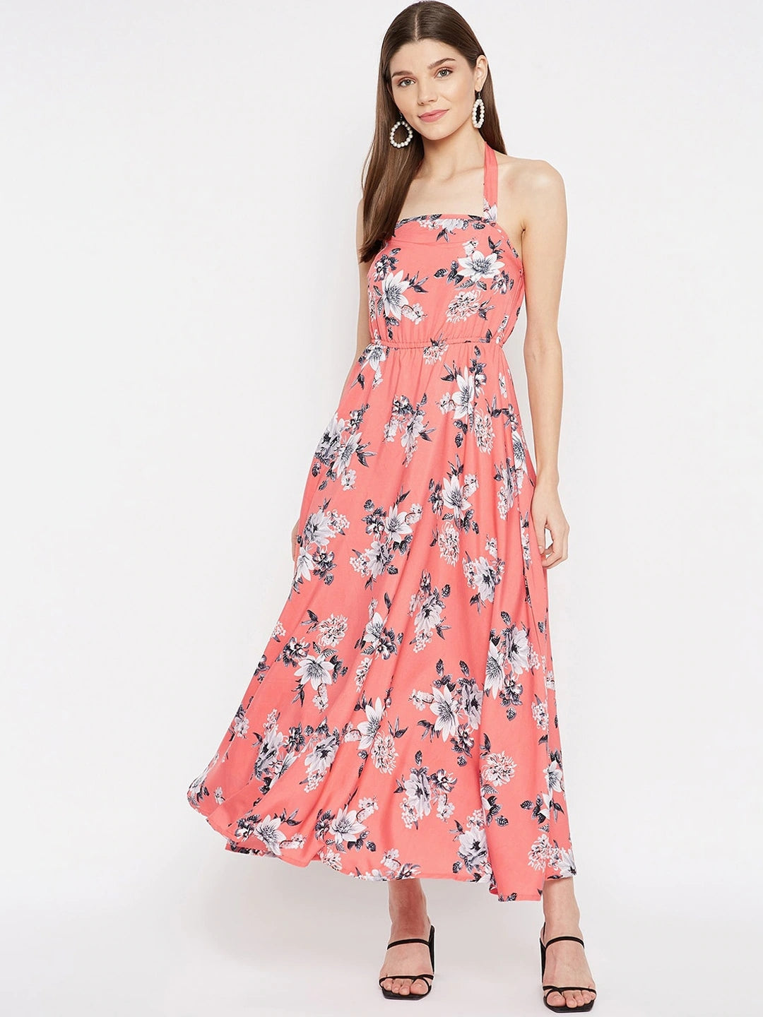 Women Pink & Off White Floral Halter Neck Crepe Maxi Dress