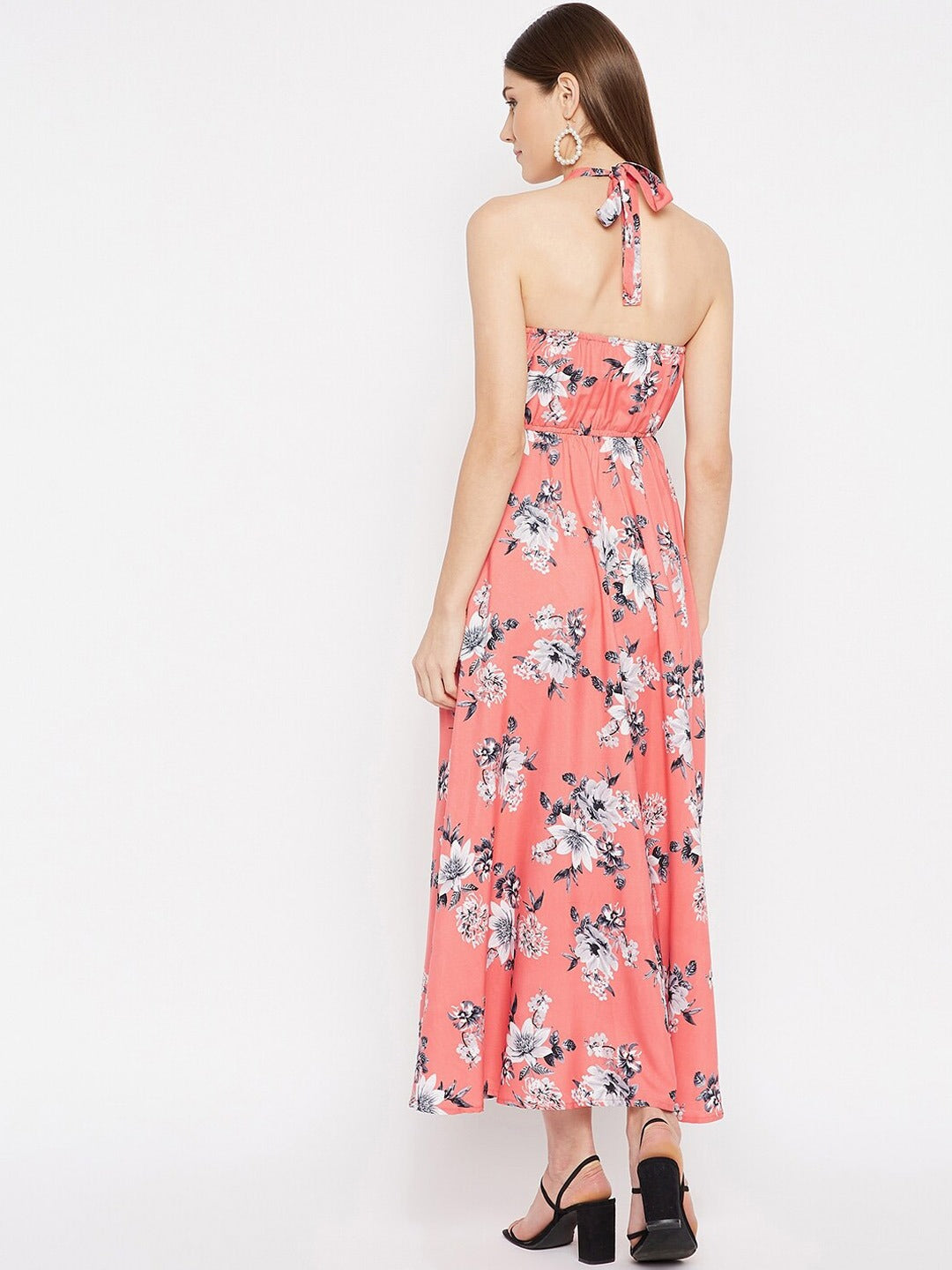 Women Pink & Off White Floral Halter Neck Crepe Maxi Dress