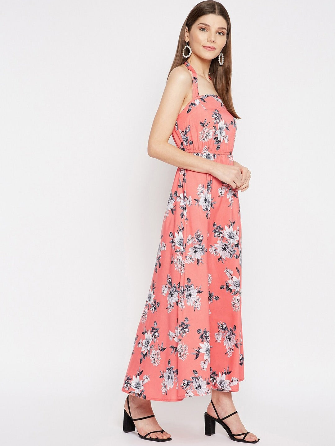 Women Pink & Off White Floral Halter Neck Crepe Maxi Dress