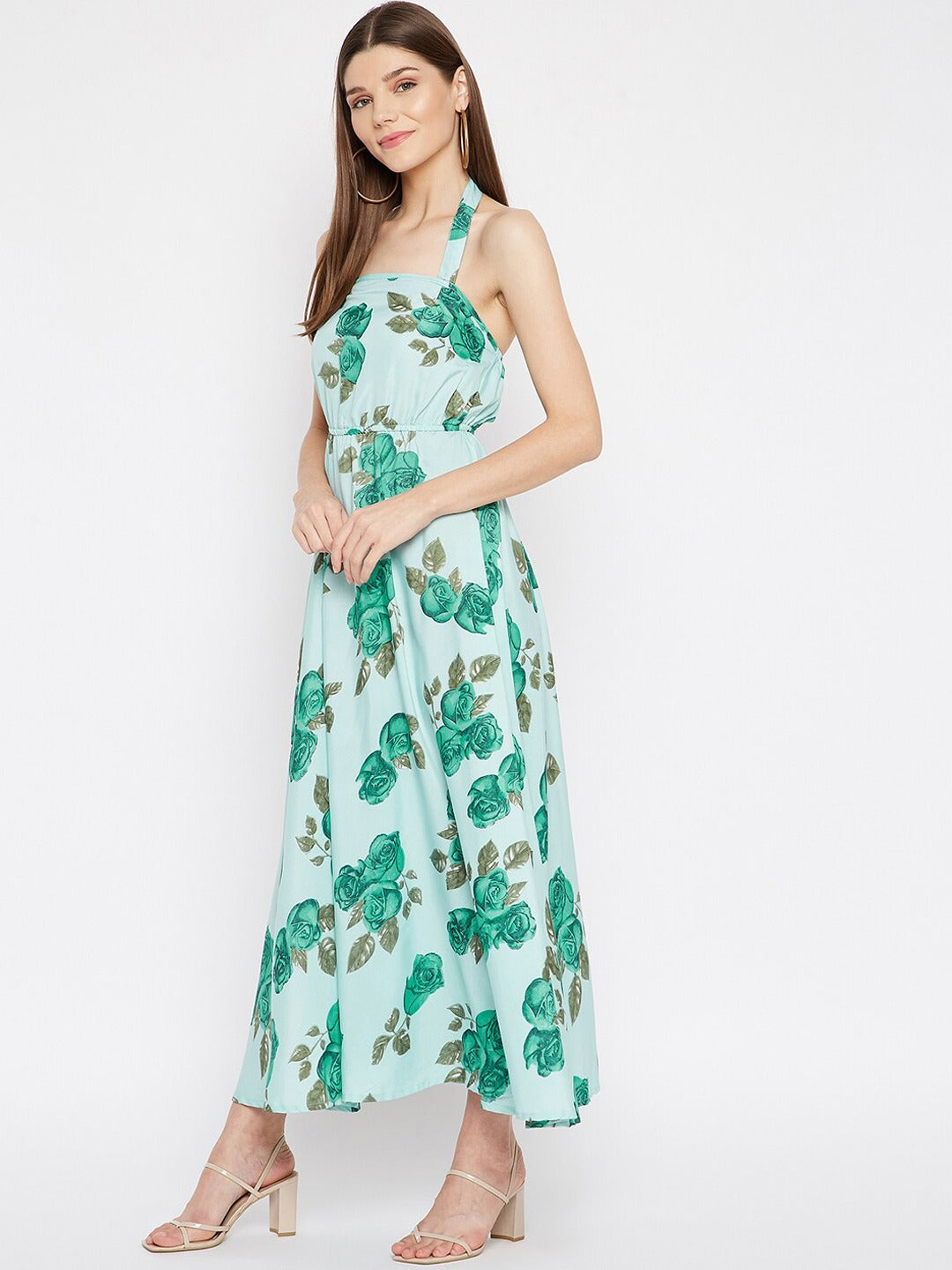 Women Sea Green & Green Floral Printed Crepe Maxi Dress
