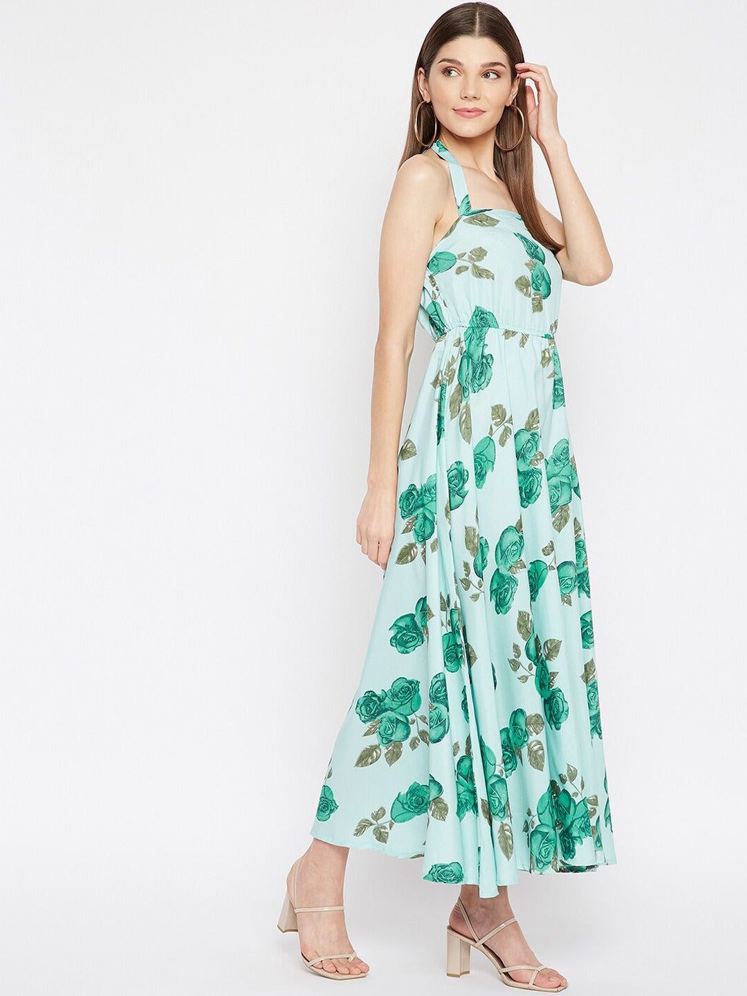 Women Sea Green & Green Floral Printed Crepe Maxi Dress