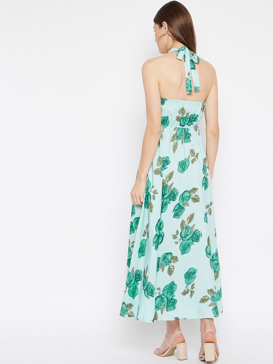 Women Sea Green & Green Floral Printed Crepe Maxi Dress