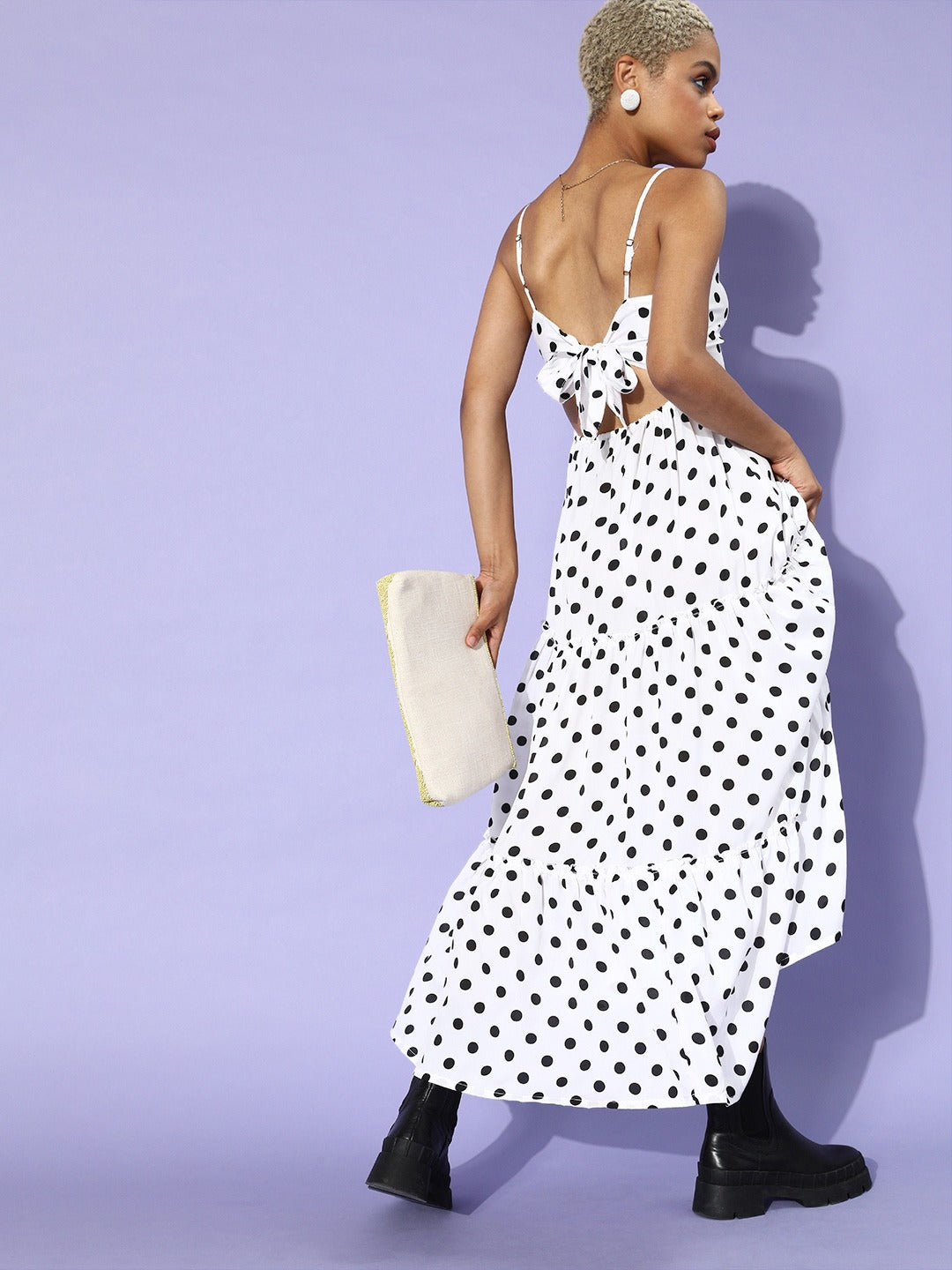 Women White & Black Crepe Maxi Dress