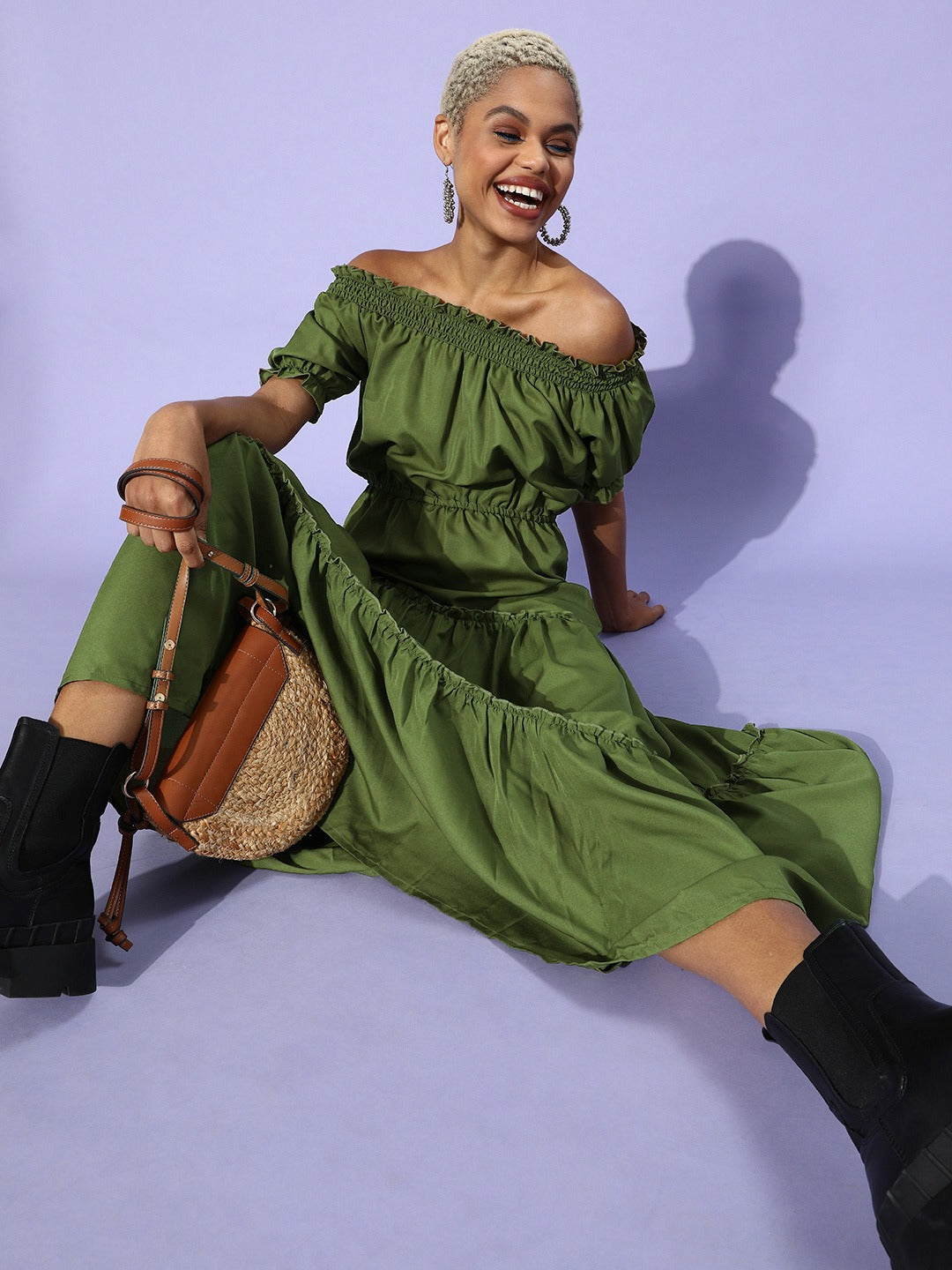Women Olive Green Off-Shoulder Maxi Dress