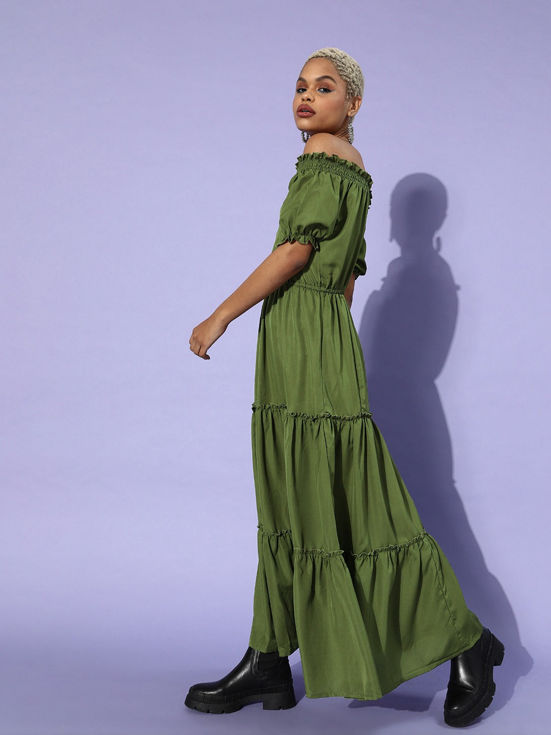 Women Olive Green Off-Shoulder Maxi Dress