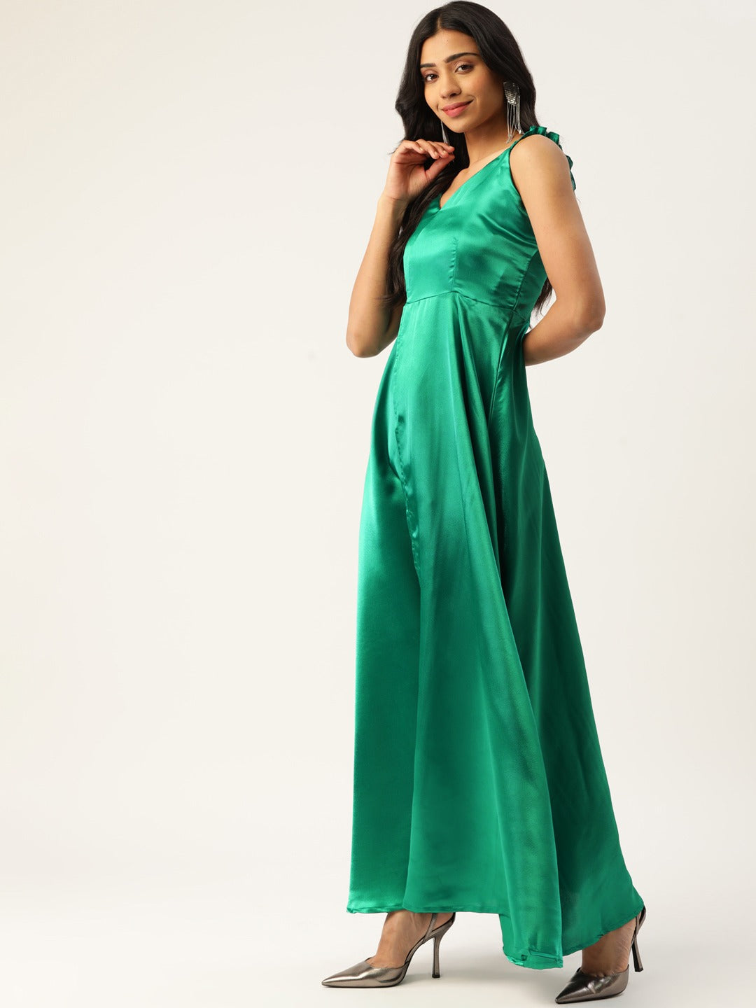 Women Green Satin Maxi Dress