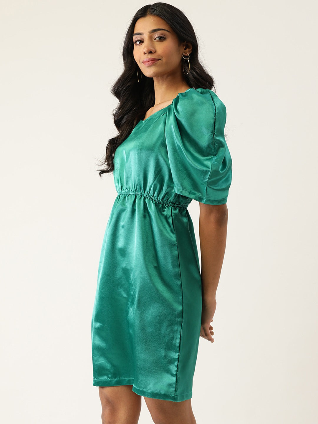 Women Green Solid Satin A-Line Dress
