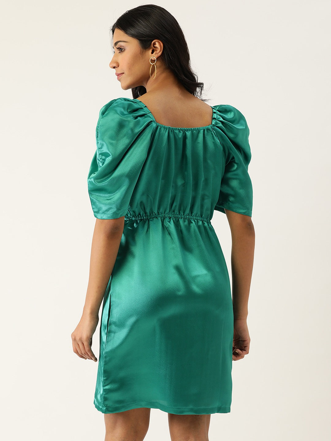 Women Green Solid Satin A-Line Dress