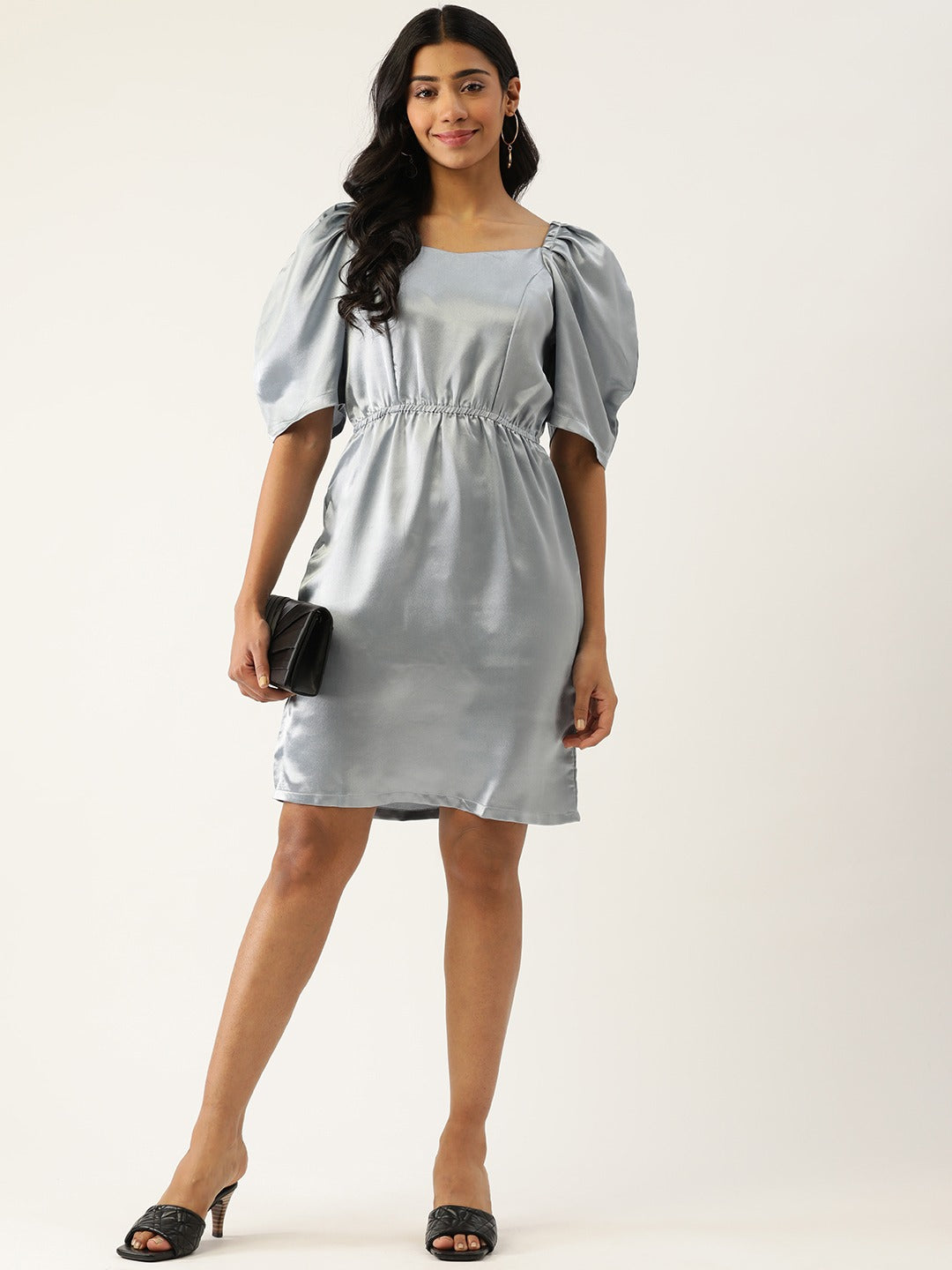 Women Grey Solid Satin A-Line Dress