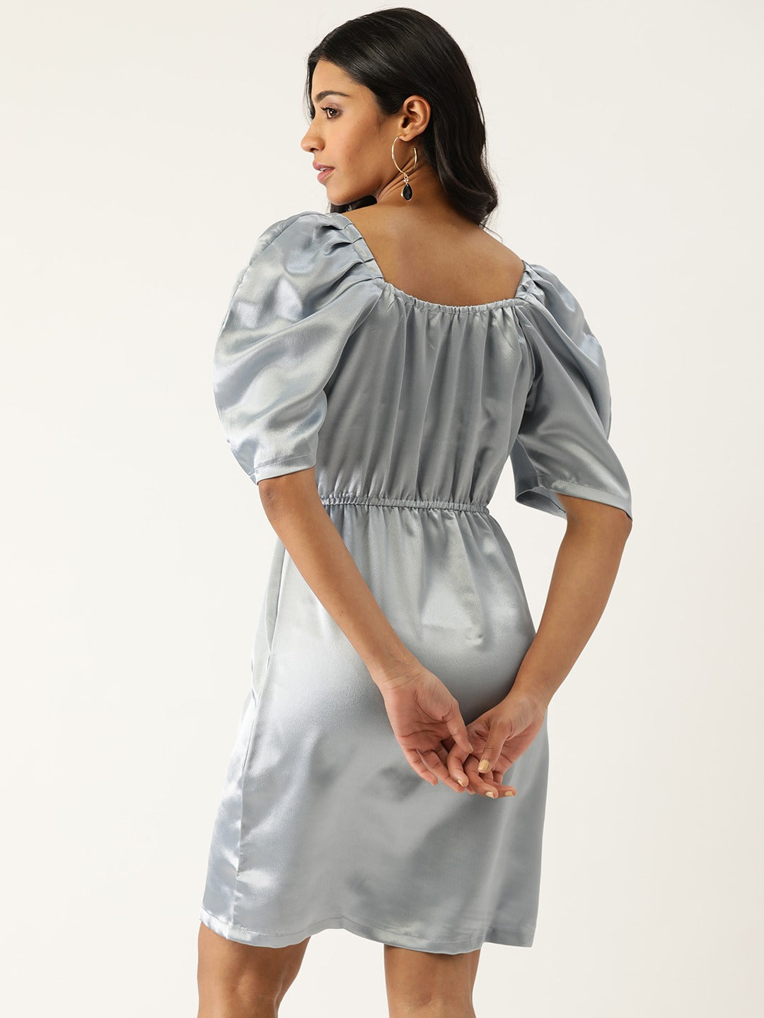 Women Grey Solid Satin A-Line Dress