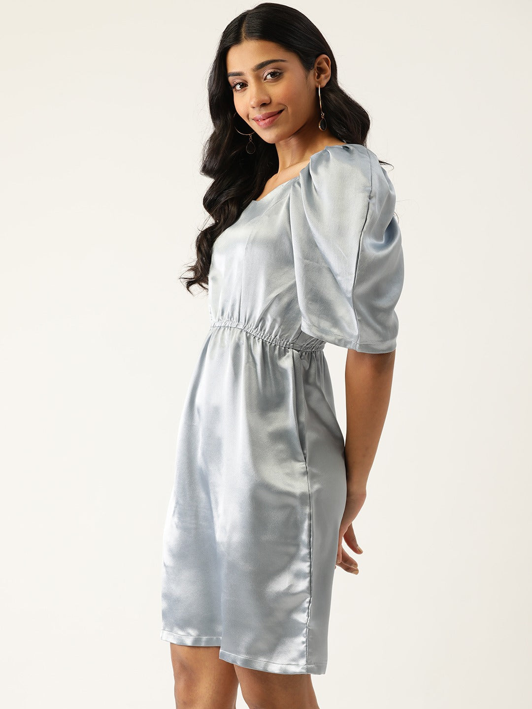 Women Grey Solid Satin A-Line Dress