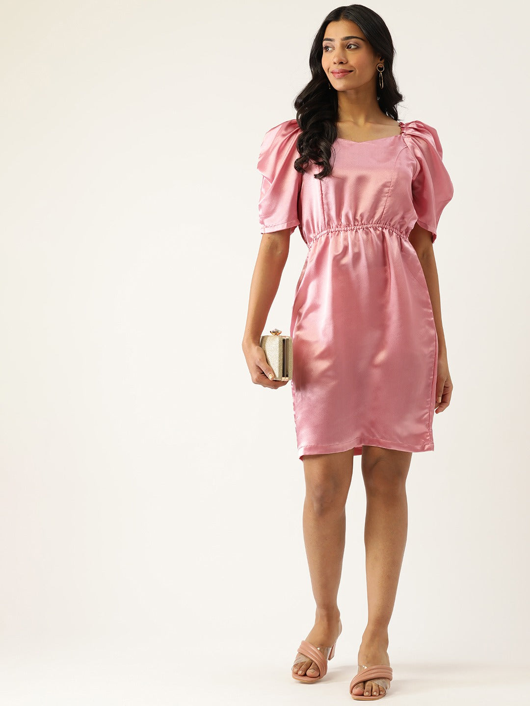 Women Pink Solid Satin A-Line Dress