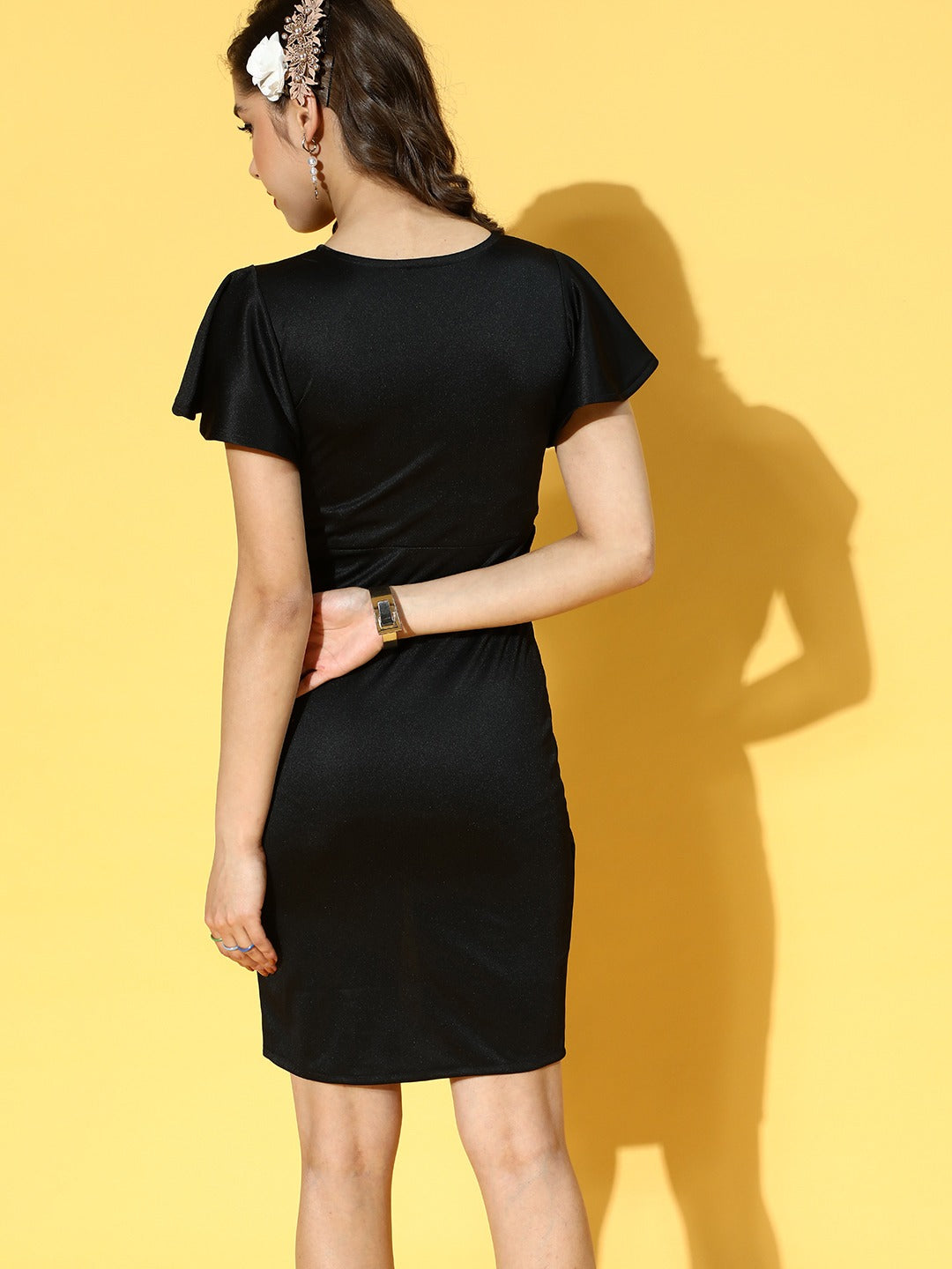 Women Stylish Black Solid Flutter Sleeves Dress