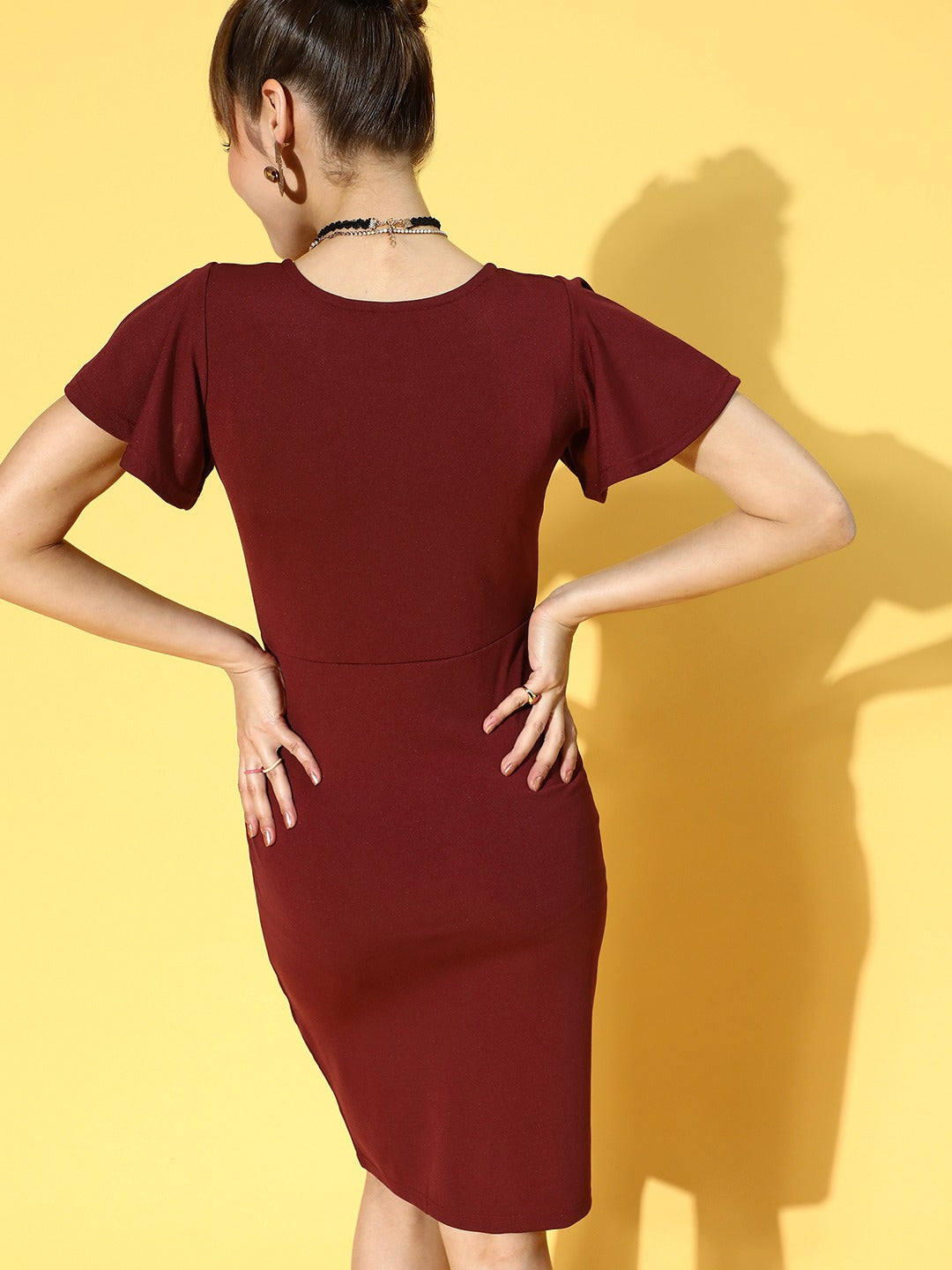Women Deep Burgundy Solid Flutter Sleeves Dress