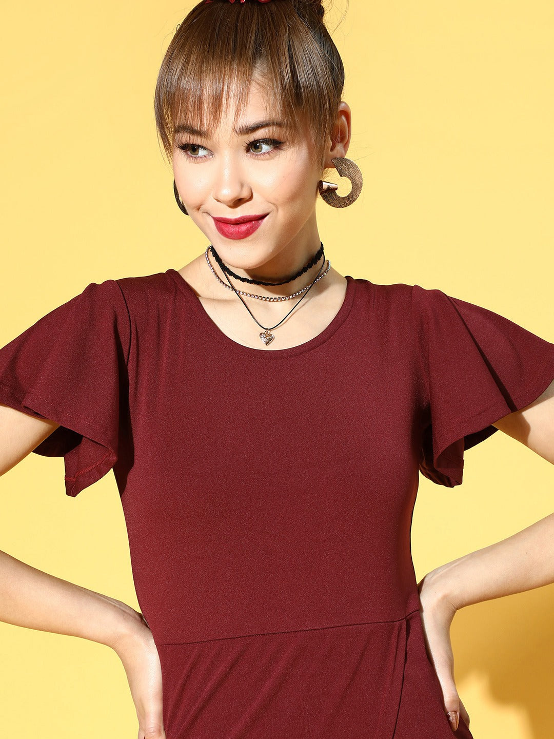Women Deep Burgundy Solid Flutter Sleeves Dress