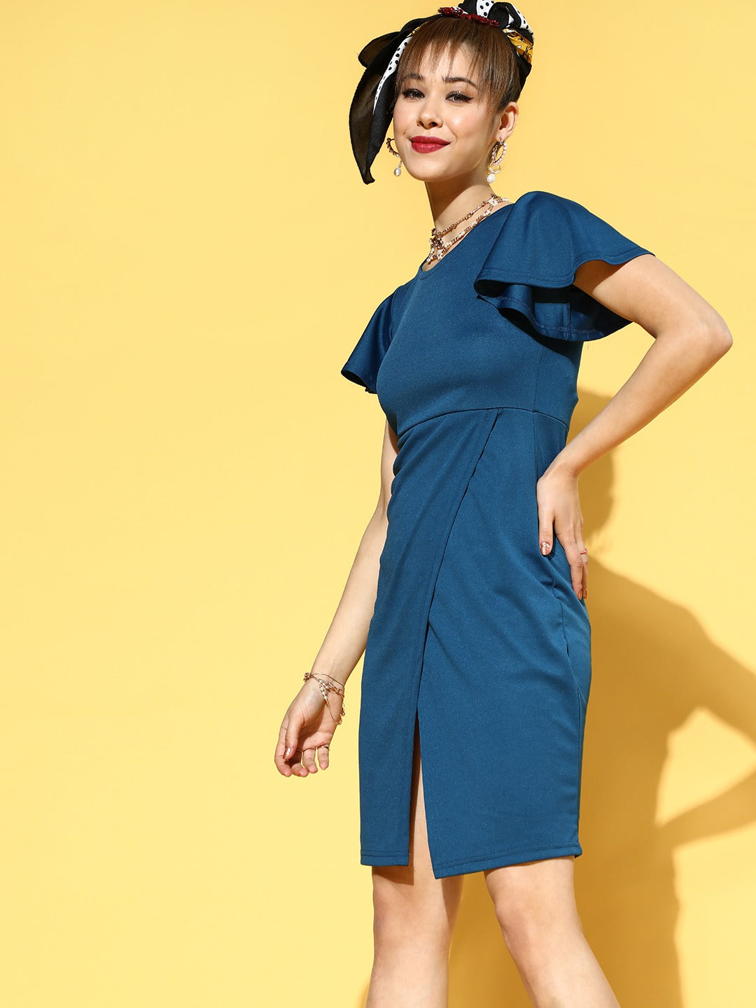 Women Deep Navy Blue Solid Flutter Sleeves Dress